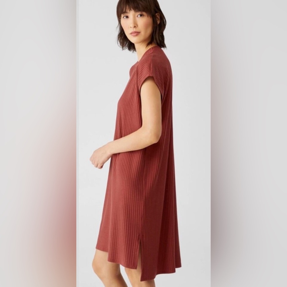 Eileen Fisher Women’s Size Large Cap Sleeve Rib Dress Rust Orange Color